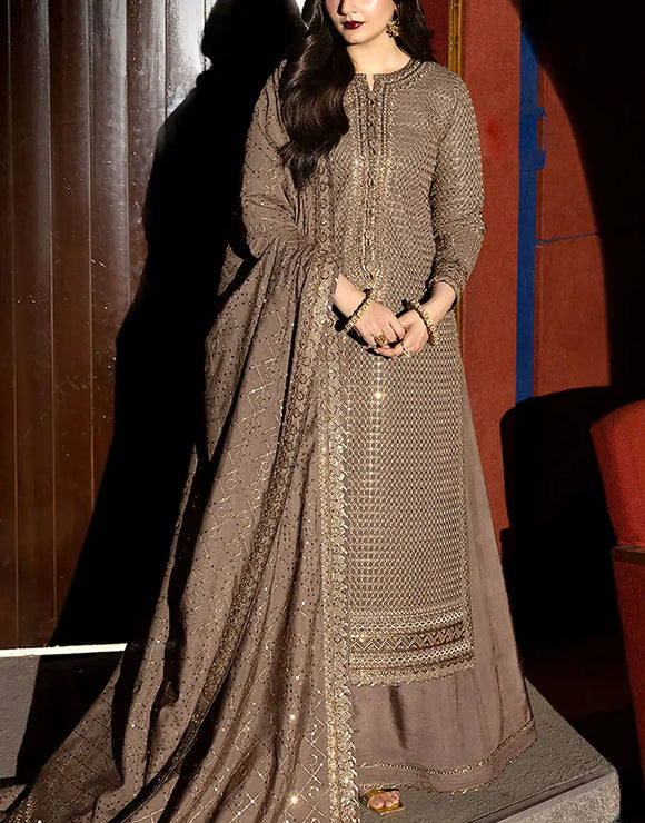 Glamorous Intricate Embroidered Taupe-Brown Chiffon Party & Wedding Dr –  DressyZone.com