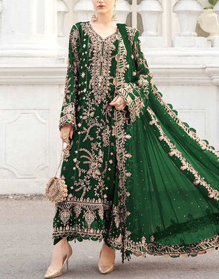 Heavy Embroidered with Adda-Work Bottle Green Chiffon Dress (DZ18718) –  DressyZone.com