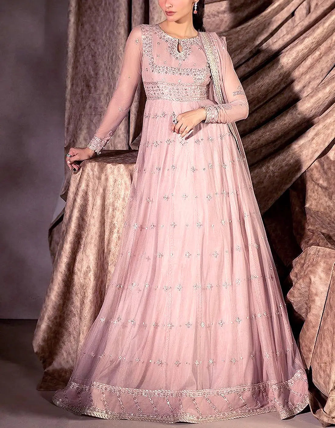 Heavy Embroidered Blush Pink Chiffon Maxi Dress (DZ18614) DressyZone.com Heavy Embroidered Blush Pink Chiffon Maxi Dress (DZ18614) DressyZone.com