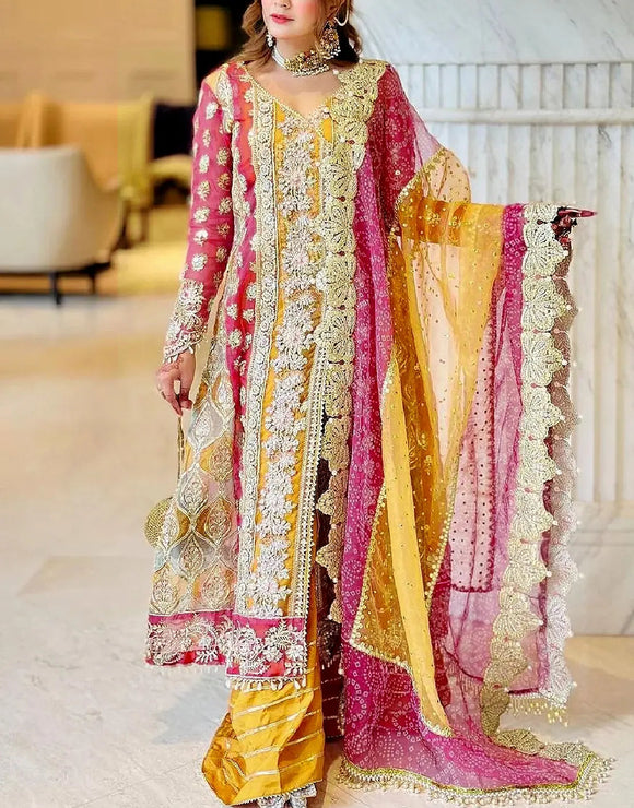 Luxury Dual-Tone Embellishments Chiffon Mehndi Dress for Brides (DZ18423)