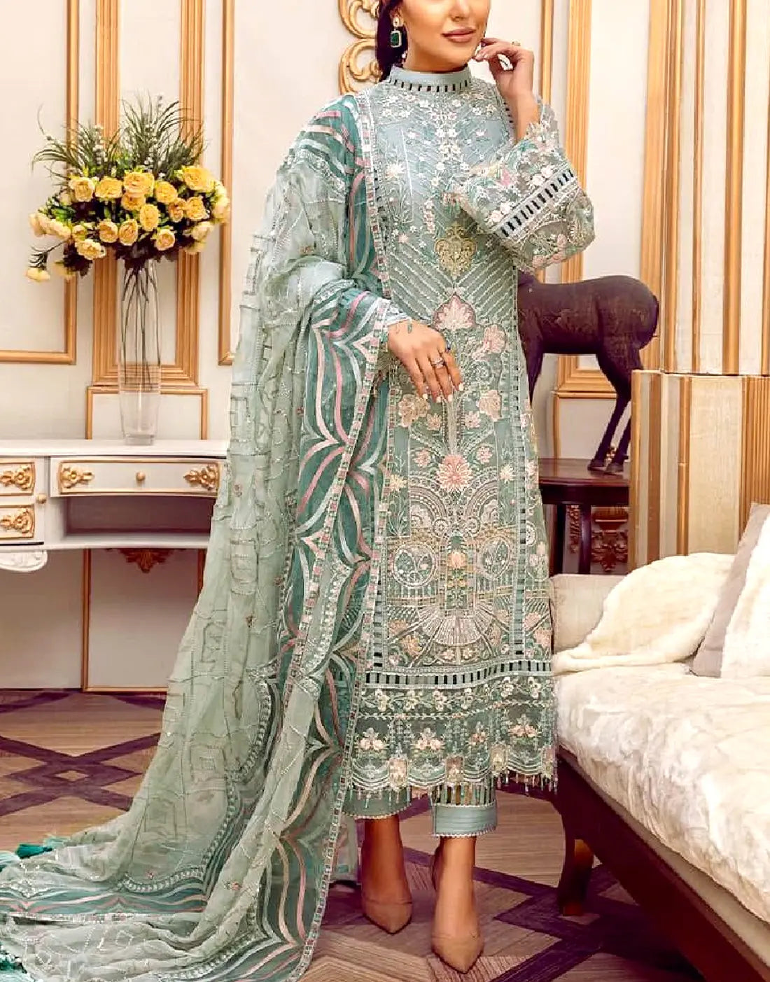 Luxurious Embroidered Mint Green Chiffon Dress - Ideal for Party & Wed DressyZone.com Luxurious Embroidered Mint Green Chiffon Dress - Ideal for Party & Wed DressyZone.com