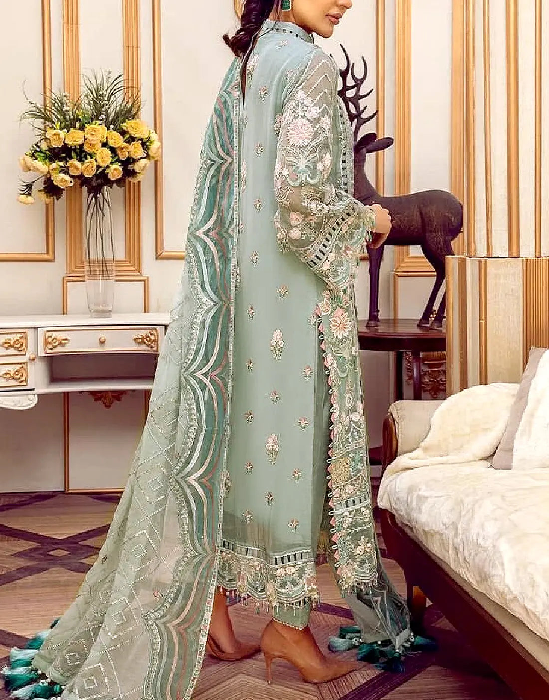 Luxurious Embroidered Mint Green Chiffon Dress - Ideal for Party & Wed DressyZone.com Luxurious Embroidered Mint Green Chiffon Dress - Ideal for Party & Wed DressyZone.com