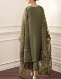 Graceful Heavy Embroidered Olive Green Mehndi Wedding Dress (DZ18595)