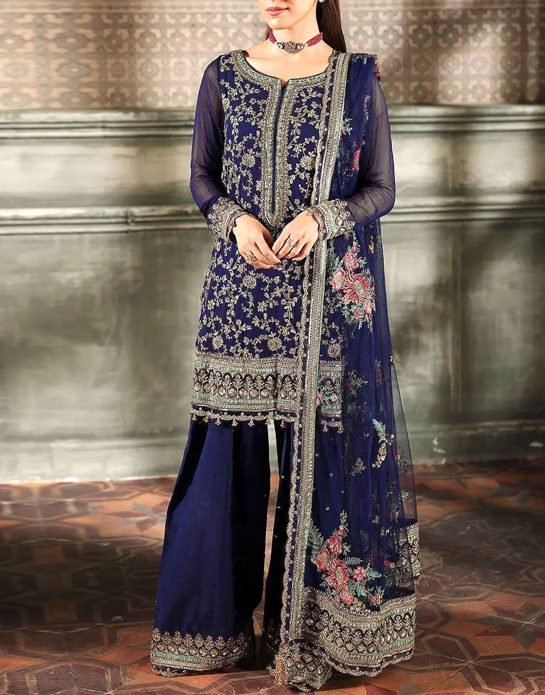Glamorous Intricate Embroidered Taupe-Brown Chiffon Party & Wedding Dress (DZ18663) main image 0