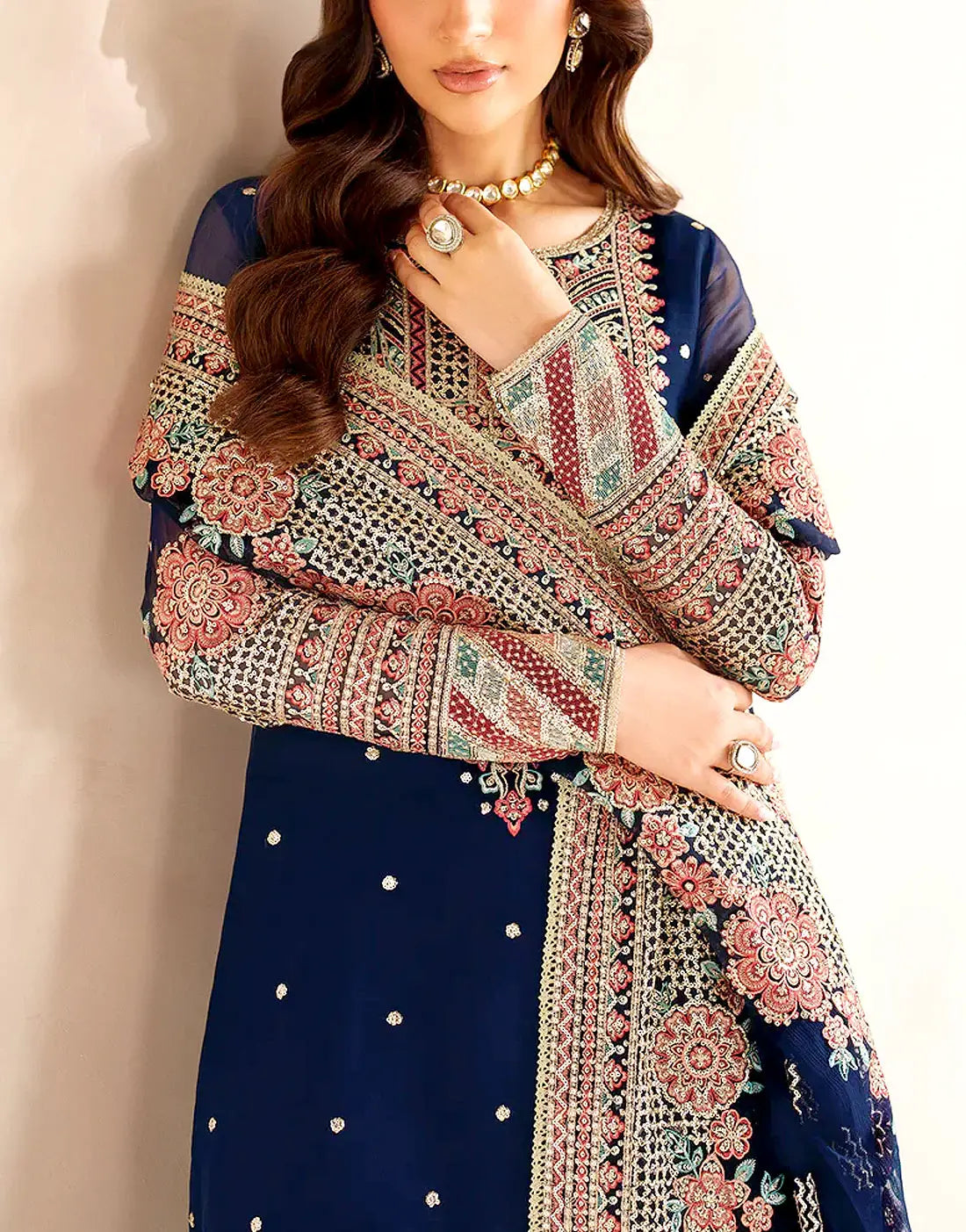 Ethnic Embroidered Navy Blue Chiffon Dress for Parties & Weddings (DZ1   DressyZone.com