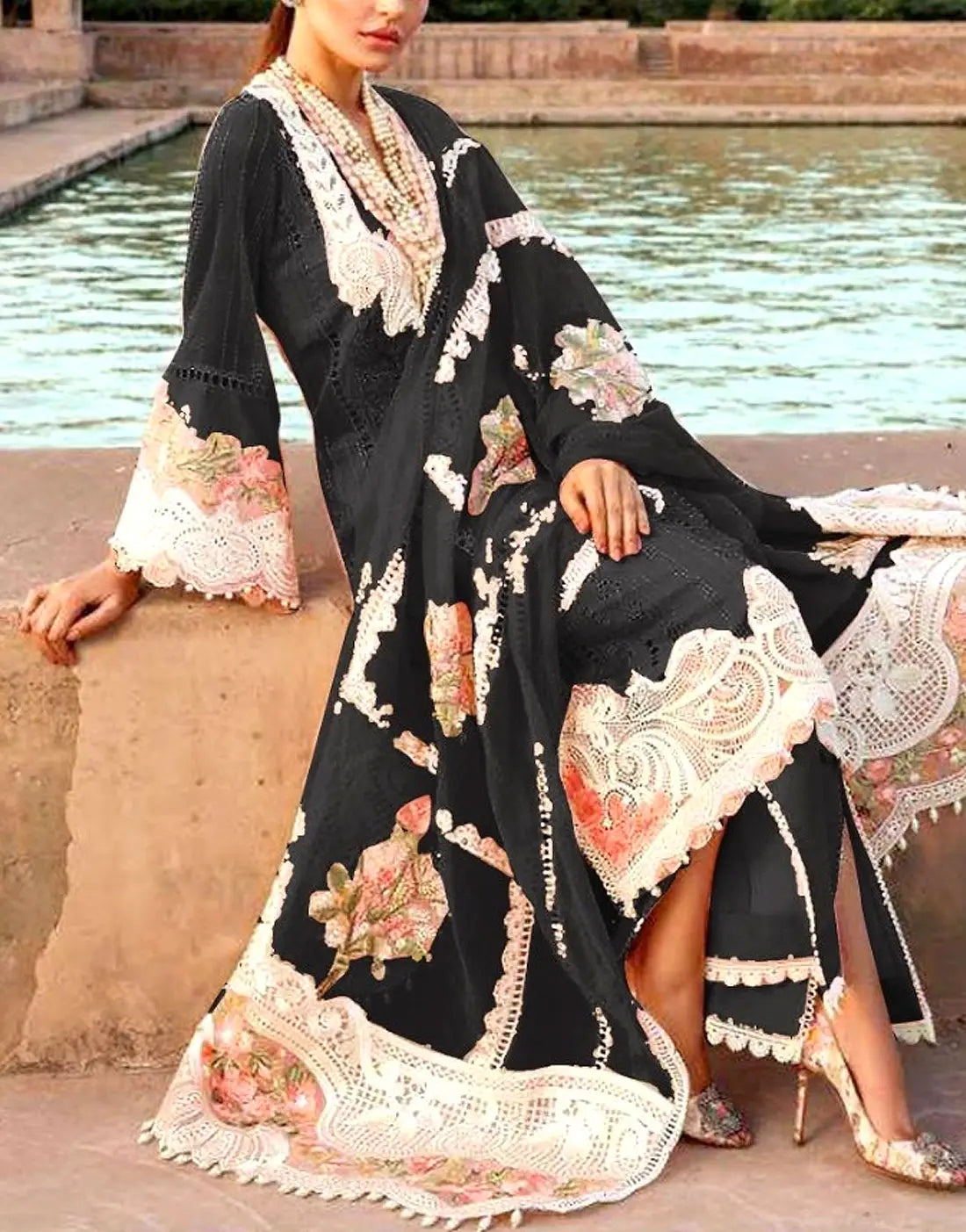 Luxury Schiffli Embroidered Black Cotton Lawn Dress with 4-Side Emb. C –  DressyZone.com