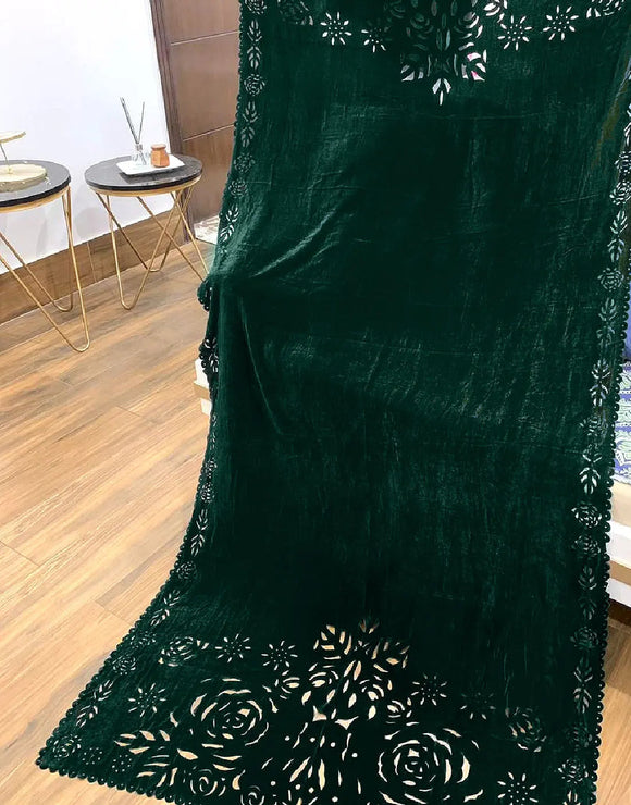 Laser Cutwork Emerald Green Velvet Shawl for Women (DZ18434)