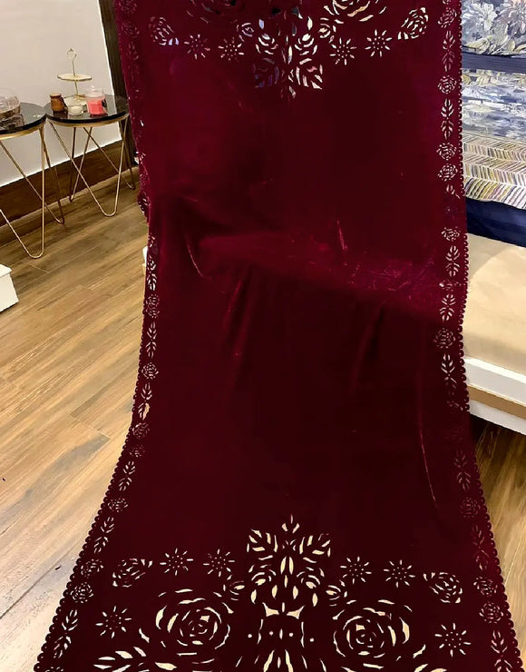 Laser Cutwork Maroon Velvet Shawl for Women (DZ18435)