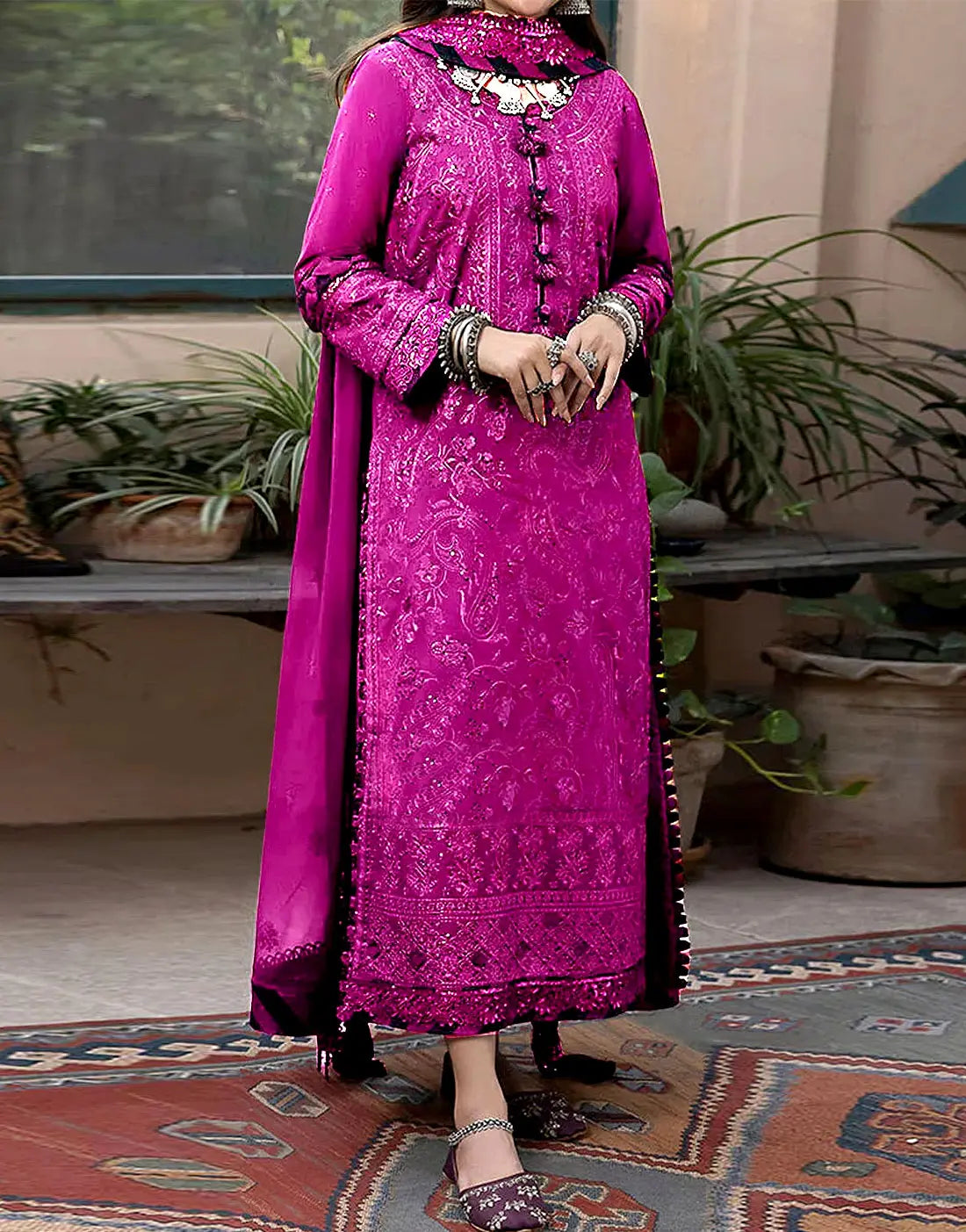 Heavy Sequins Embroidered Fuchsia Color Dhanak Dress for Winter Events DressyZone.com Heavy Sequins Embroidered Fuchsia Color Dhanak Dress for Winter Events DressyZone.com