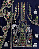 Traditional Heavy Embroidered Navy Blue Dhanak Dress with Emb. Dhanak Shawl (DZ18492)