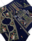 Traditional Heavy Embroidered Navy Blue Dhanak Dress with Emb. Dhanak Shawl (DZ18492)
