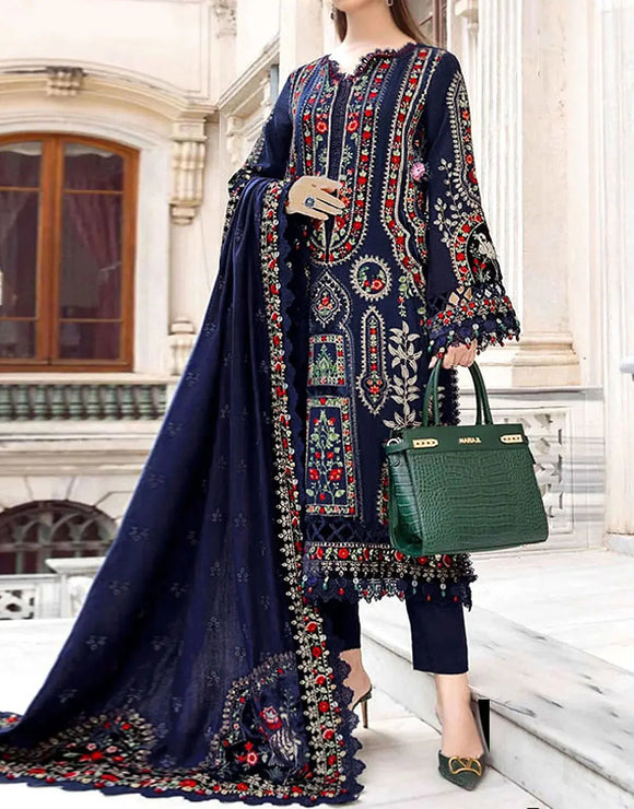 Traditional Heavy Embroidered Navy Blue Dhanak Dress with Emb. Dhanak Shawl (DZ18492)