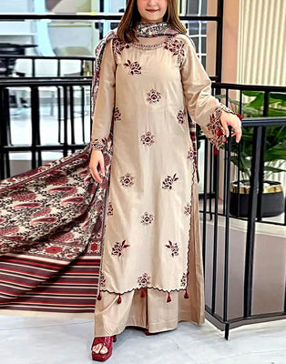 Elegant Embroidered Skin Color Dhanak Dress for Winter (DZ18586)   DressyZone.com