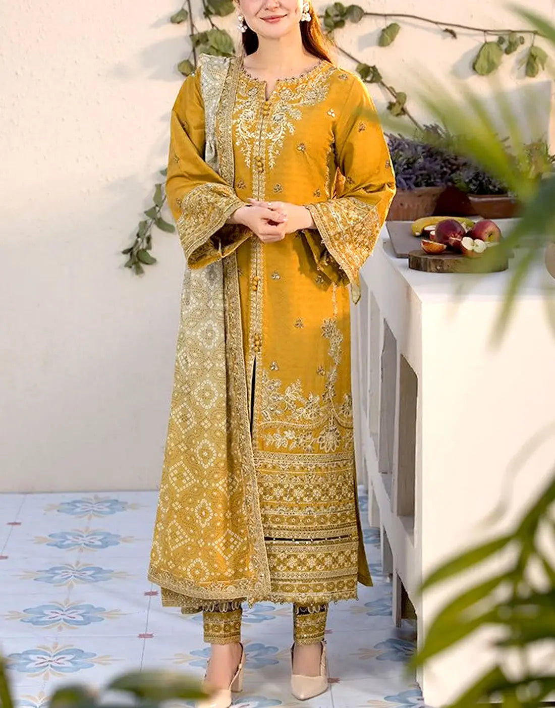 Heavy Embroidered Mustard Dhanak Winter Dress Elegant Formal Wear fo DressyZone.com Heavy Embroidered Mustard Dhanak Winter Dress Elegant Formal Wear fo DressyZone.com