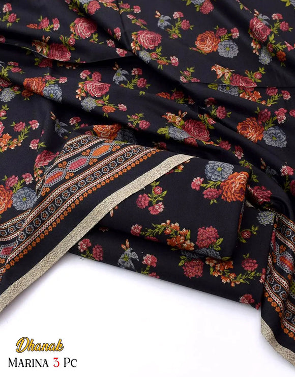 Aneela's Trending All-Over Print Black Dhanak Dress with Dhanak Shawl (DZ18440)