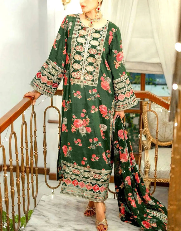 Aneela's Trending All-Over Print Green Dhanak Dress with Dhanak Shawl (DZ18439)