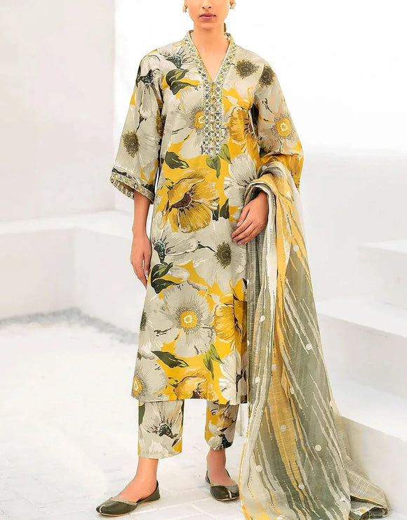 IB Bonanza All-Over Digital Print 3-Piece Linen Dress for Winter Season (DZ18429)