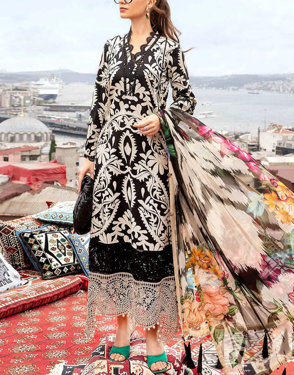 IB Bonanza All-Over Digital Print 3-Piece Linen Dress with Linen Dupatta (DZ18431)