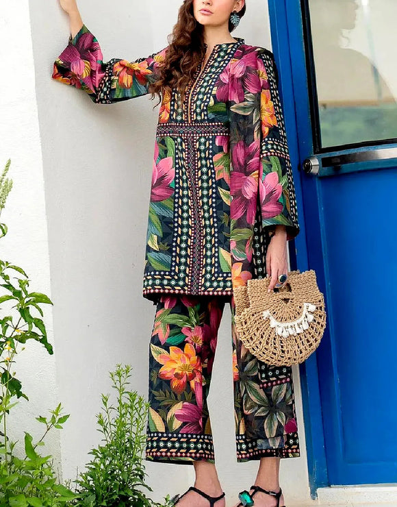 Trendy Digital Floral Print Swiss Lawn Dress with Silk Dupatta (DZ18411)