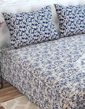 Dynasty 3-Piece Premium Cotton Blue Floral King Size Bedsheet with Pillow Covers (DZ18502)