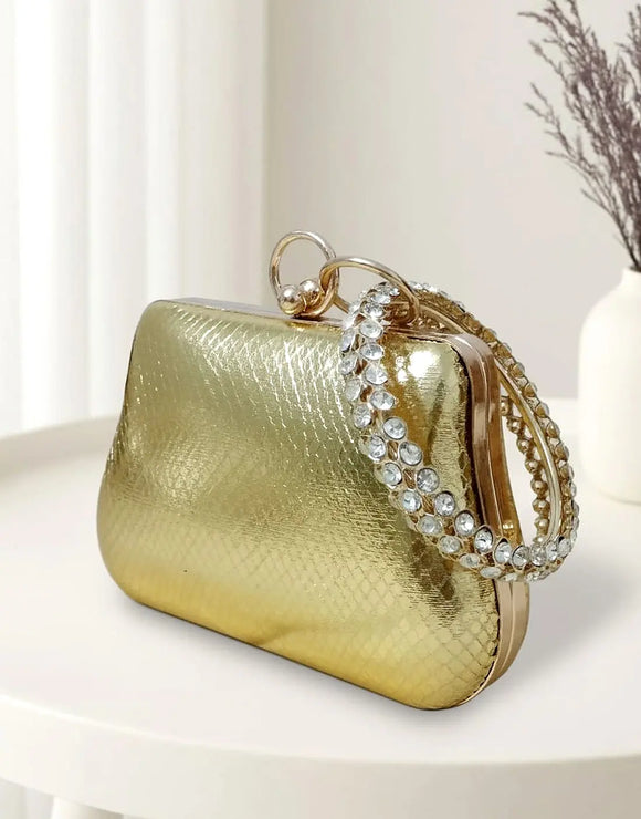 Glam Shine Trapezoid Shape Golden Clutch Bag for Weddings & Events (DZ18342)