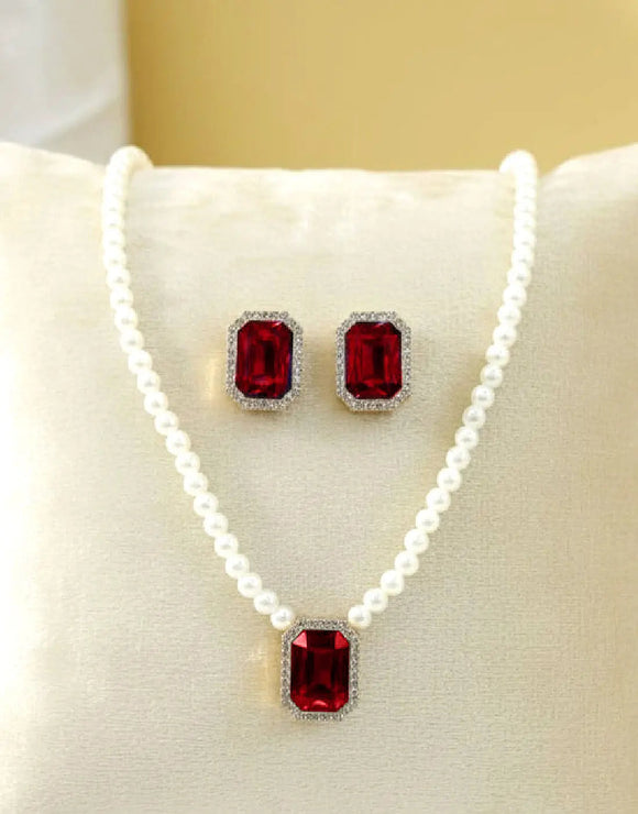 Elegant Red Pearl Beaded Necklace Set with Matching Earrings (DZ18374)