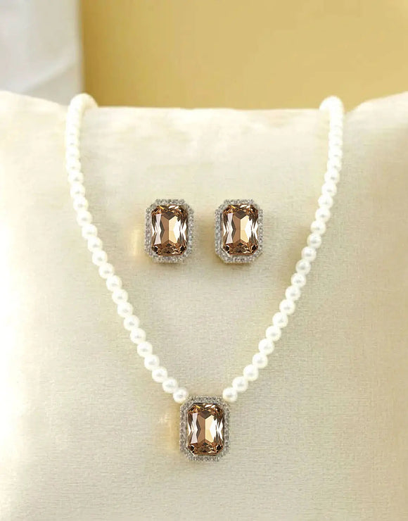 Elegant Champagne Pearl Beaded Necklace Set with Matching Earrings (DZ18375)