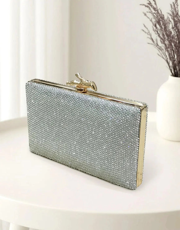 Rectangular Silver Diamante Clutch Purse – Perfect for Brides & Party Wear (DZ18352)