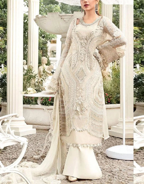 Classic Poise 3D Embroidered Chiffon Pearl Work Dress for Nikkah & Weddings (DZ18450)