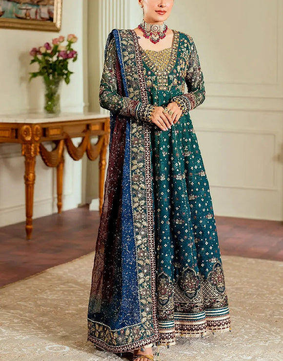 Luxury Embroidered Zinc Green Chiffon Maxi Dress Design for Mehndi & Weddings (DZ18451)