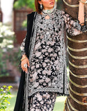 All-Over Floral Print Embroidered Black & White Chiffon Dress (DZ18632)