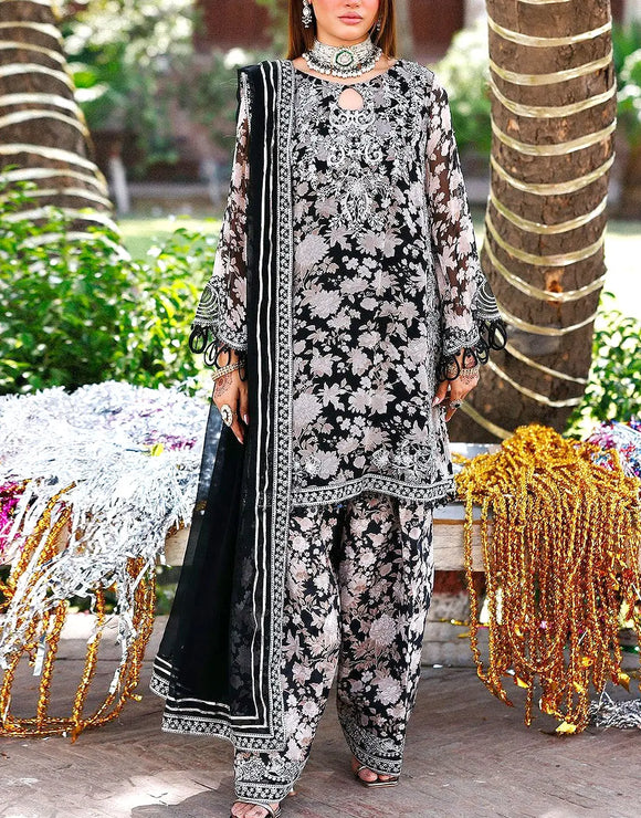 All-Over Floral Print Embroidered Black & White Chiffon Dress (DZ18632 β