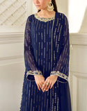Glamorous Embroidered Navy Blue Chiffon Wedding Wear Dress (DZ18870)