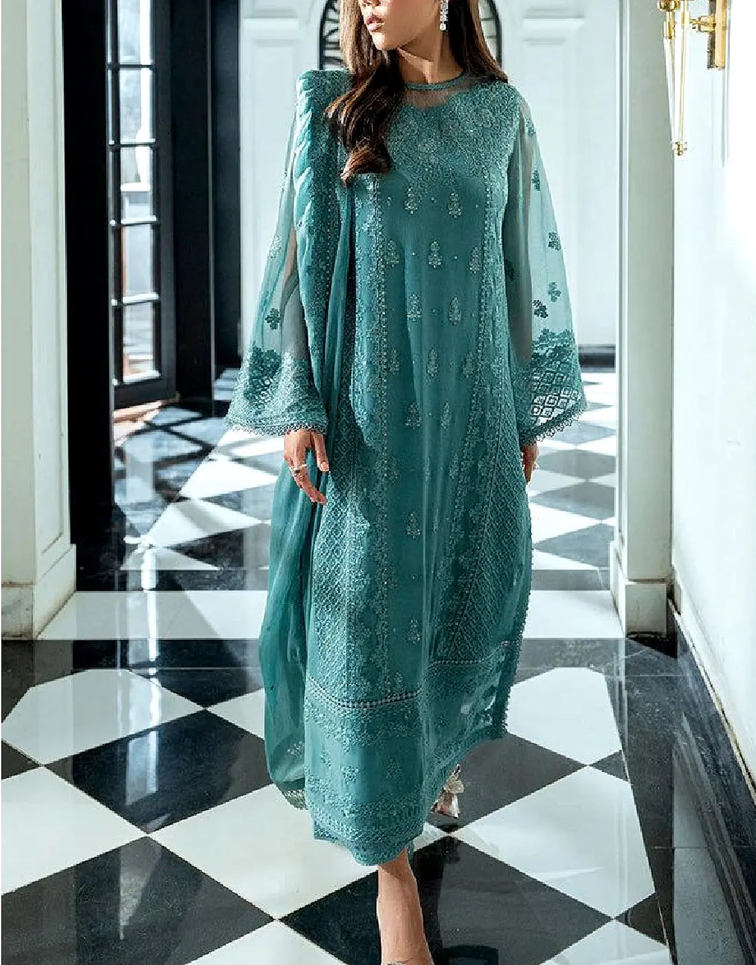sachin and babi light blue dress Teal Embroidered Dress