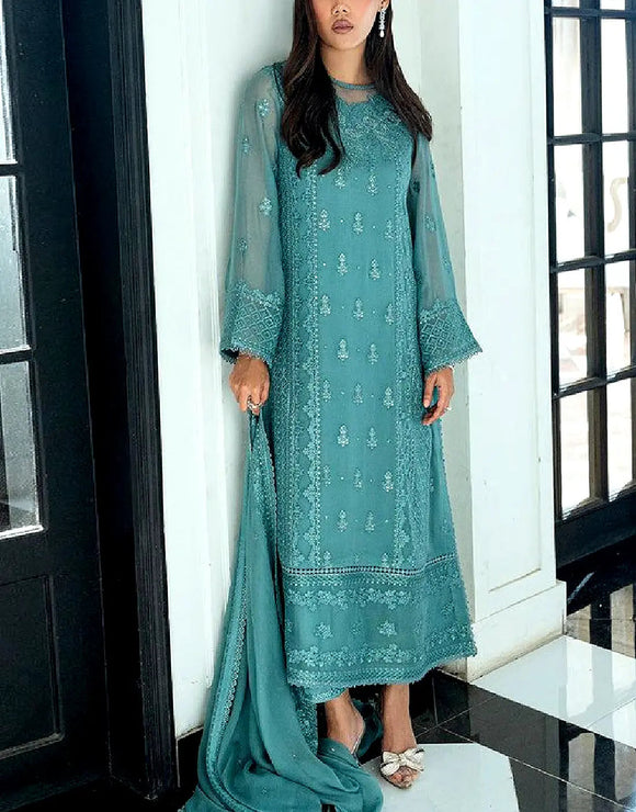 Graceful Heavy Embroidered Teal Glam Chiffon Dress for Formal & Party Wear (DZ18416)