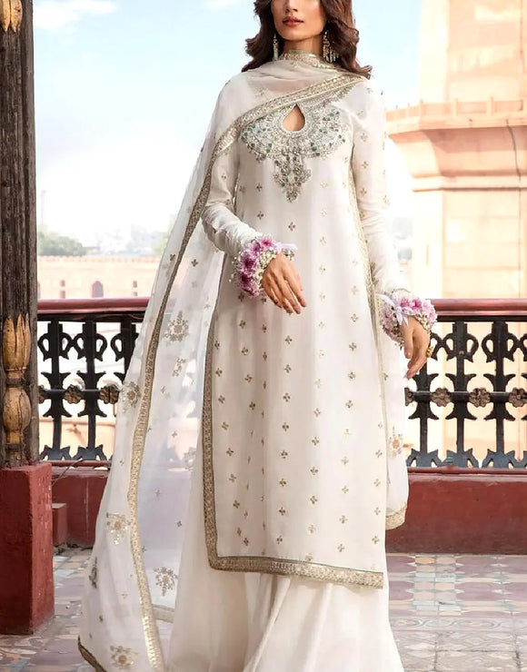 Graceful Embroidered White Chiffon Dress for Nikkah & Engagement (DZ18420)