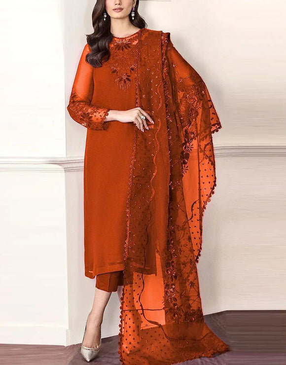 Stunning Embroidered Chiffon Wedding Wear Dress - Orange Color (DZ18272)