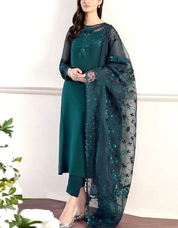 Exquisite Embroidered Zinc Color Chiffon Party Wear Dress (DZ18273)