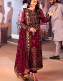 Glittering Heavy Embroidered Burgundy Chiffon Dress for Wedding Events (DZ18415)