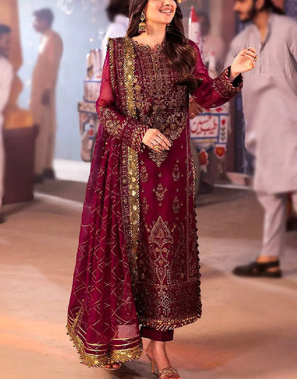 Glittering Heavy Embroidered Burgundy Chiffon Dress for Wedding Events (DZ18415)