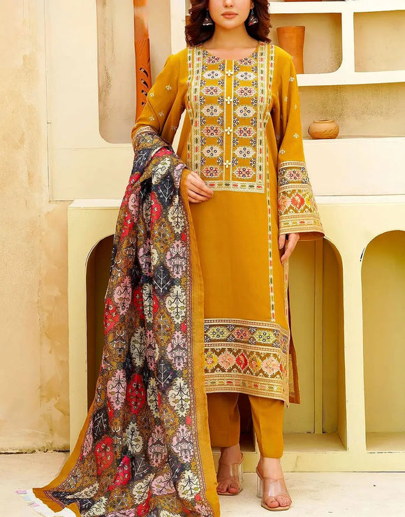 Aneela's Heavy Embroidered Gilded Dhanak Dress with Printed Wool Shawl (DZ18609)
