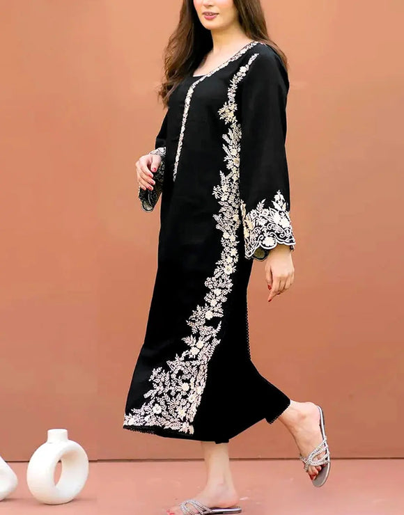 Alluring 2-Piece Embroidered Black Dhanak Winter Wear Dress (DZ18264)