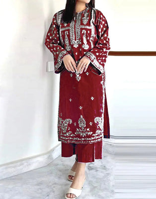 Classy 2-Piece Embroidered Maroon Dhanak Dress for Winter (DZ18262)