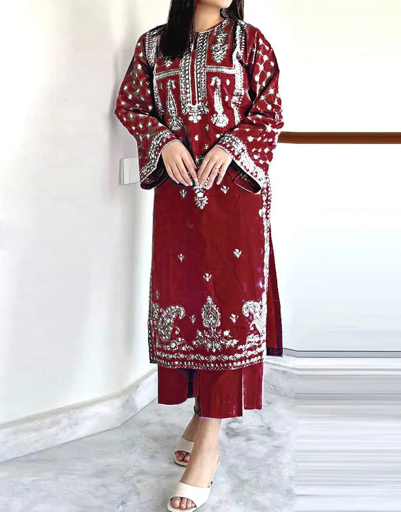 Classy 2-Piece Embroidered Maroon Dhanak Dress for Winter (DZ18262)