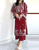 Classy 2-Piece Embroidered Maroon Dhanak Dress for Winter (DZ18262)