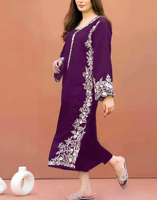 Graceful 2-Piece Embroidered Purple Dhanak Winter Dress for Girls (DZ18266)
