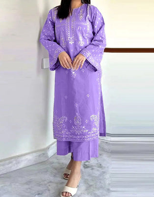 Elegant 2-Piece Embroidered Lilac Color Dhanak Dress (DZ18263)