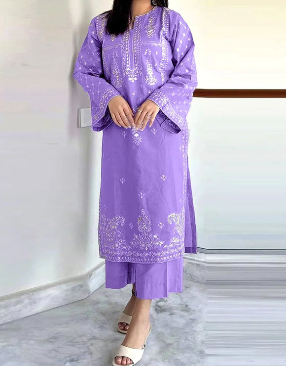Elegant 2-Piece Embroidered Lilac Color Dhanak Dress (DZ18263)