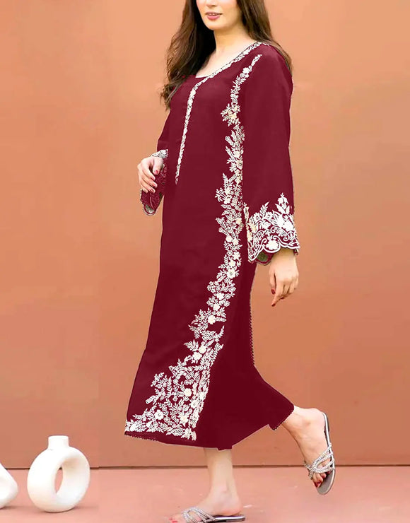 Trendy 2-Piece Embroidered Maroon Dhanak Dress for Daily Wear (DZ18265)