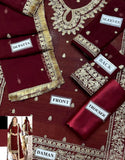 Heavy Embroidered Maroon Chiffon Party Wear Dress (DZ18335)